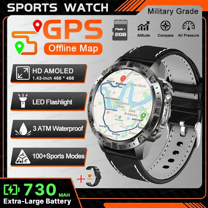 New TANK Military GPS Offline Map Smart Watch 730mAh 3 ATM Waterproof Sports Compass Heart Rate 2GB HD Bluetooth Call SmartWatch