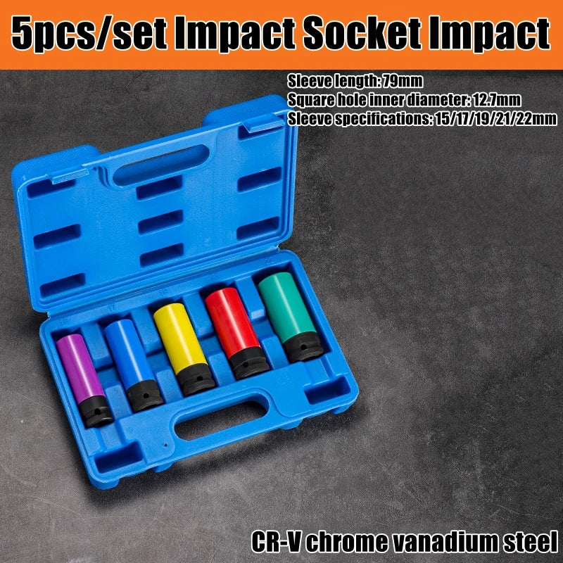 1/2" Drive Lug Nut Socket Set Drive Wheel Socket Auto Repair Protector Impact Sleeve Set 15mm, 17mm, 19mm, 21mm, and 22mm