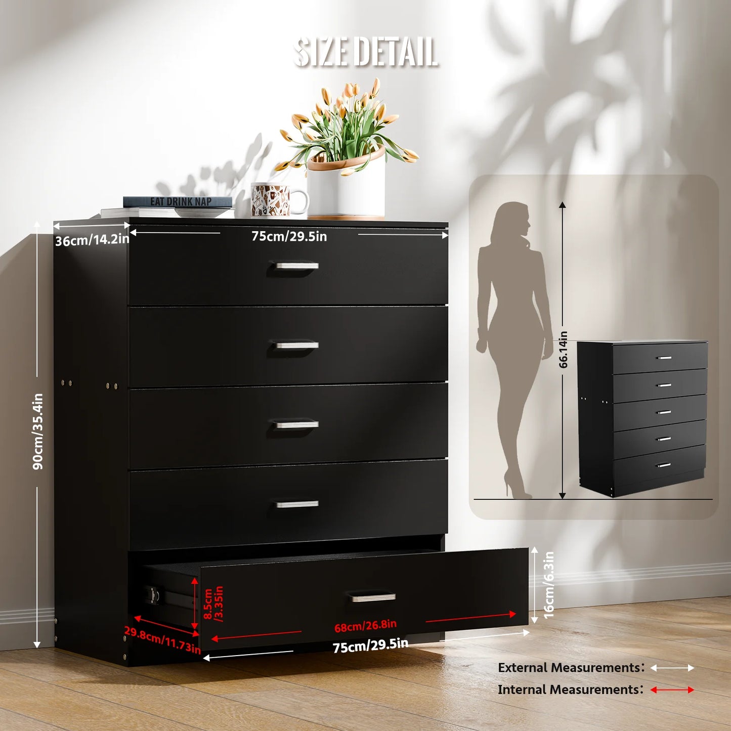 5 Drawer Chest White, Wood Storage Cabinet Dresser for Bedroom, Hallway, Closet Organizer, Modern Furniture (75x36x90cm)