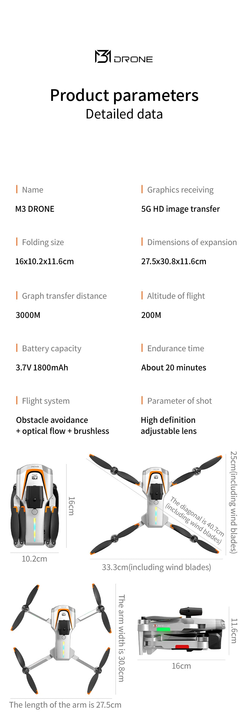 New Obstacle Avoidance M3 Drone Brushless Motor Helicopter Optical Flow Hovering GPS 8K 3 Camera Foldable Quadrotor Aircraft Toy