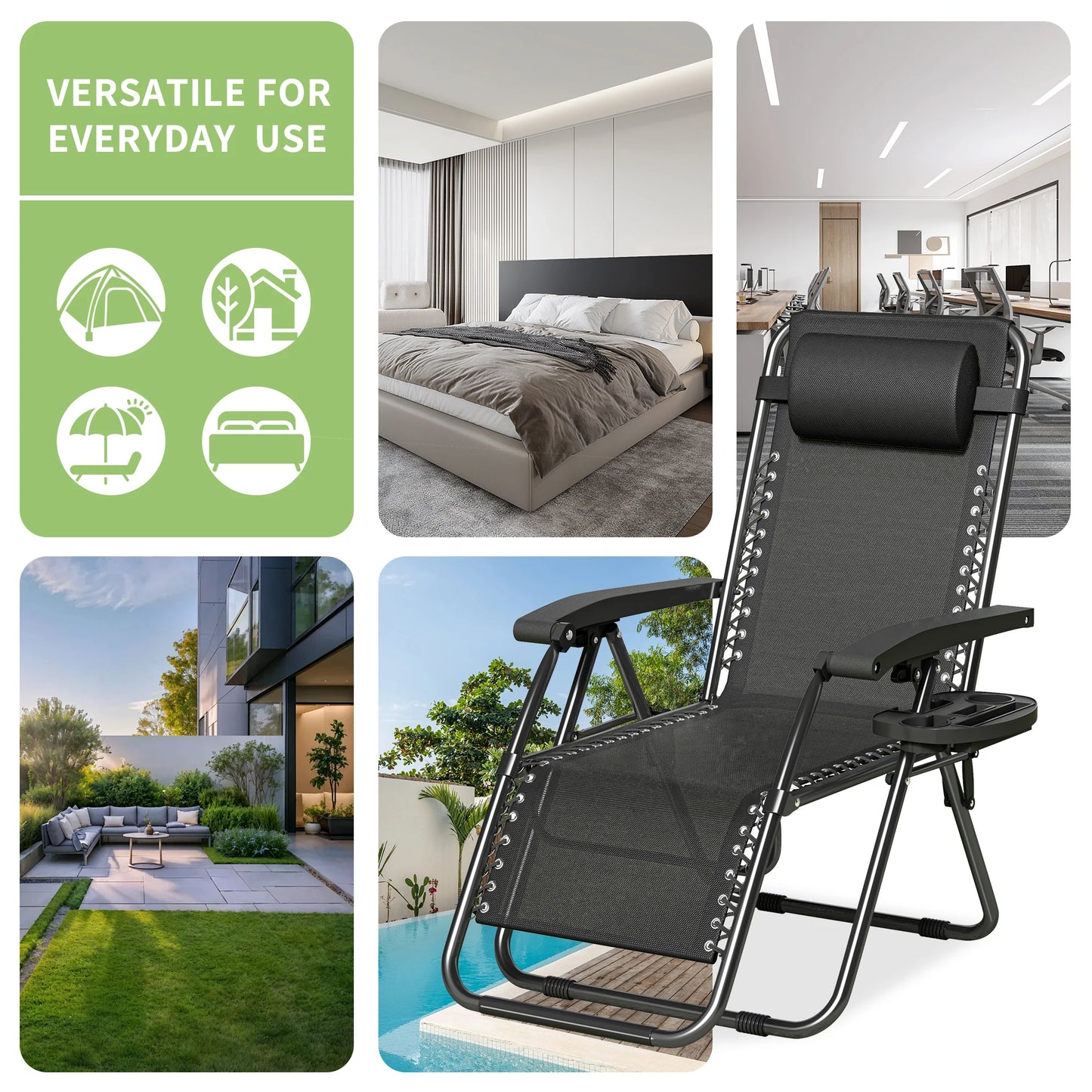 Zero Gravity Reclining Chair Set of 2 – Folding Outdoor & Garden Chairs with Textilene Fabric, Cup Holder and Headrest Pillow