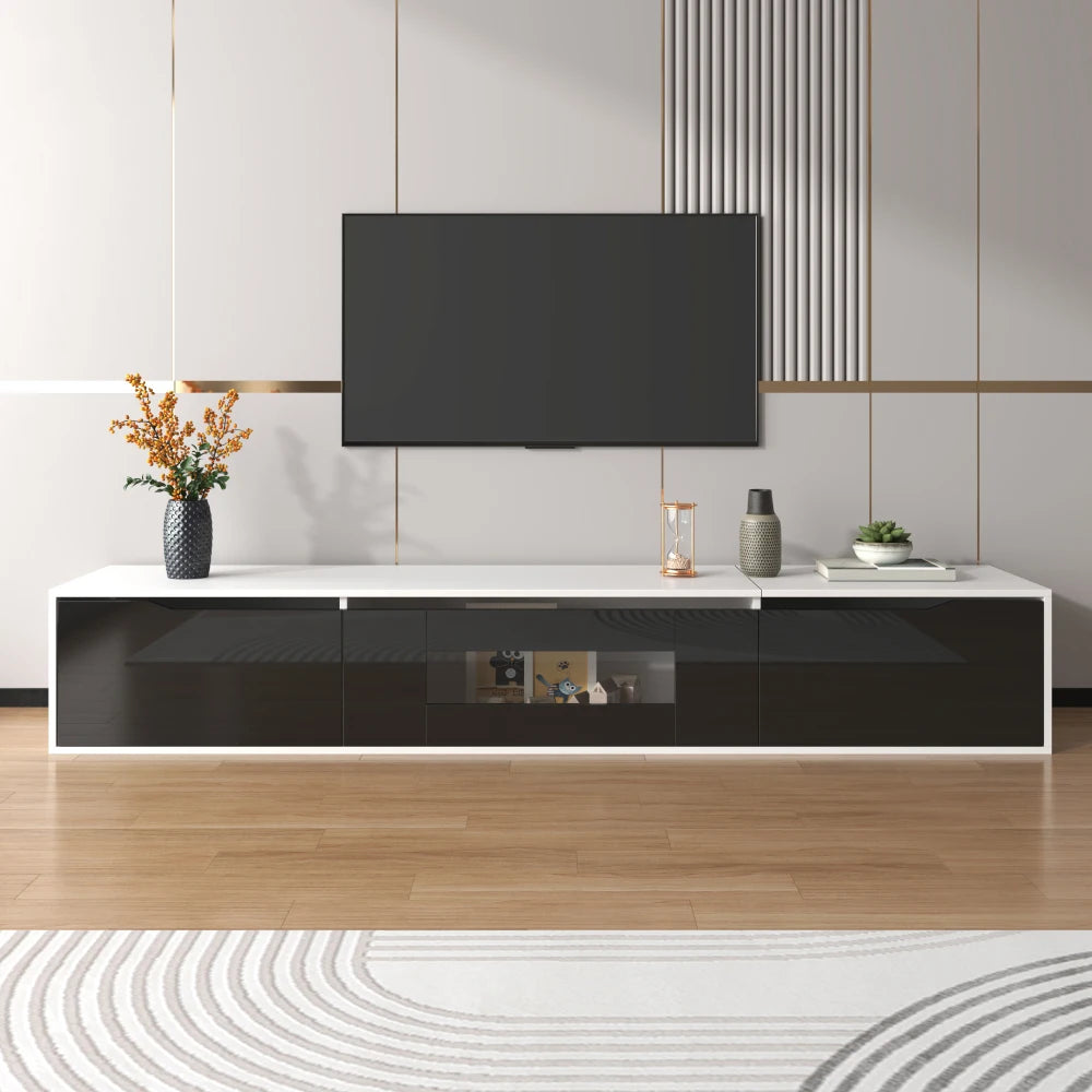PINGGO TV cabinet, high-gloss TV cabinet, matching colours in white and high-gloss black, with colour-changing LED lights