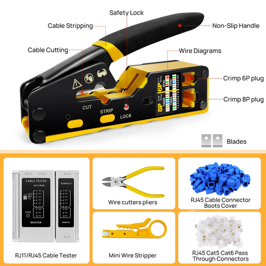 DayPlus Pass Through RJ45 Crimp Tool Kit Ethernet Crimper CAT5 Cat5e Cat6 Crimping Tool Kit 3 IN 1 - Crimp Cutting Peeling