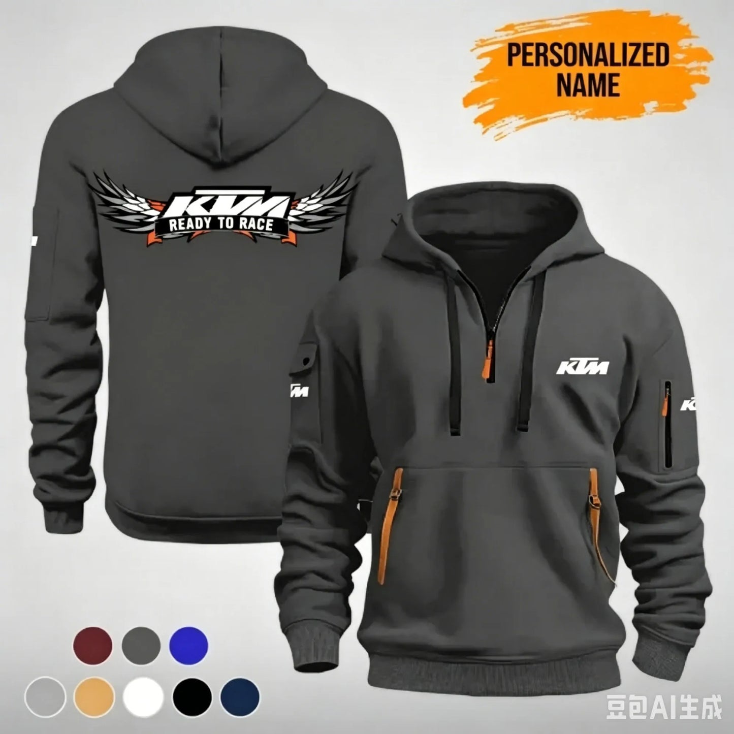 The KTM “Ready to Race” printed half-zip hoodie features workwear pockets and arm pockets, perfect for motorcycle enthusiasts.