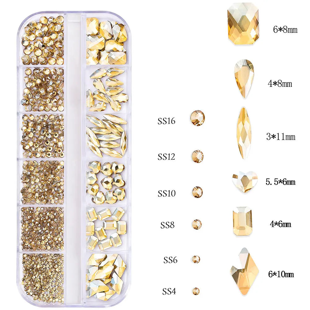 2400pcs+ Shiny Clear Crystal Gems Nail Rhinestones 1.5-4mm Mixed Round Glass Stone Flatback Nail Charms 12grids Nail Diamond DIY