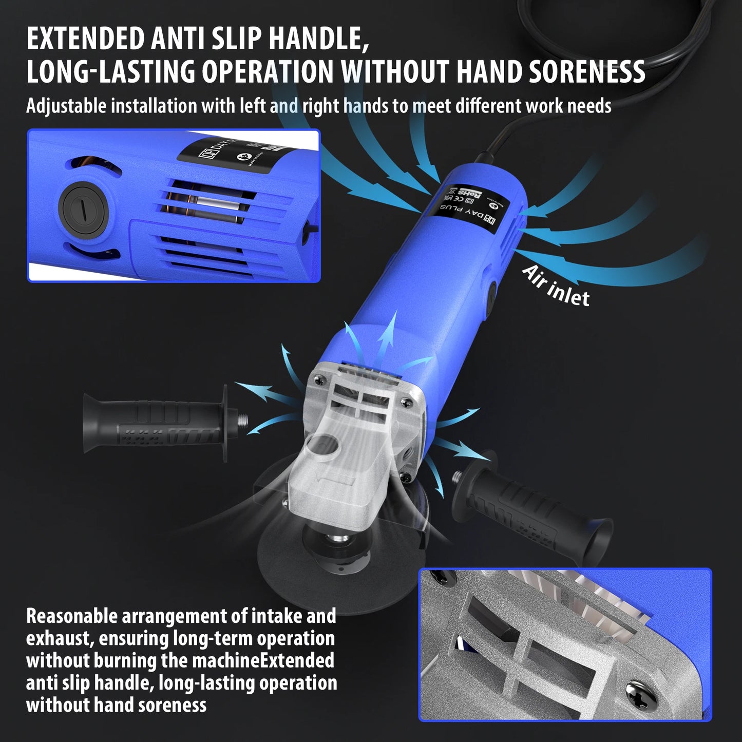 DayPlus 115mm Angle Grinder 4.5 inch 240V 5000W 12000rpm Electric Grinding Sander Corded for Metal,Tile Cutting Polishing M14