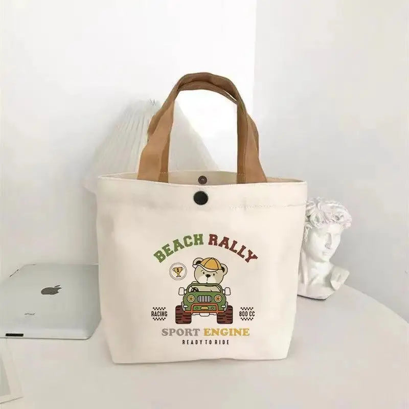 Bear Shape Canvas Tote Bag For Women Cute Mini Handheld Lunch Bag Student School Bag Gift Bag