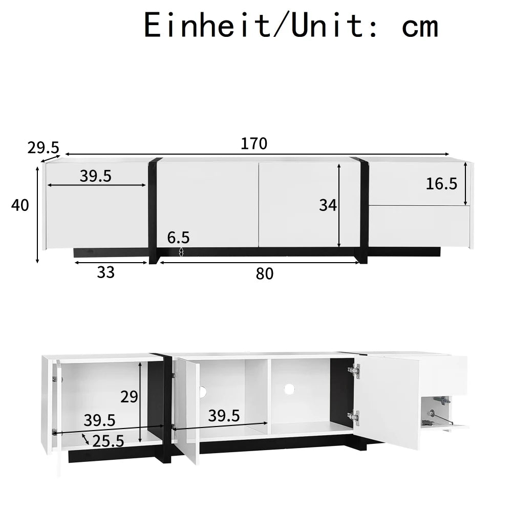 PINGGO TV cabinet, white high-gloss cabinet and black contrasting table legs, with simple cabinet doors and drawers.