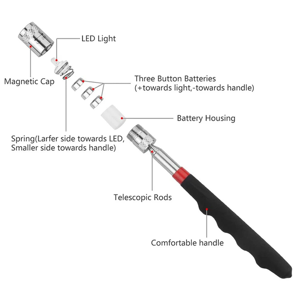 Telescopic Magnetic Iron Suction Rod with LED Light Metal Pick-up Tool DIY Strong Magnetic Metal Screw Suction Rod Pick-up Tools