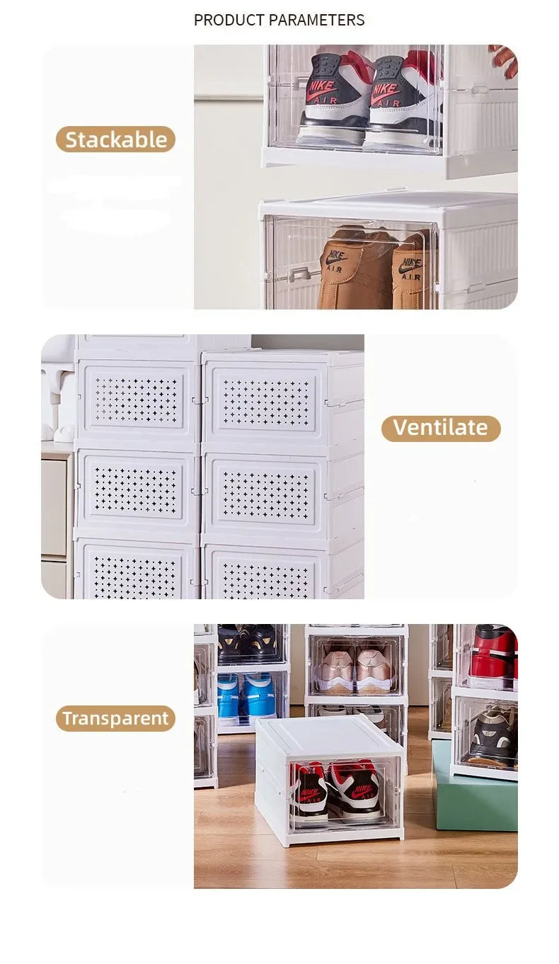 6 Layers Foldable Transparent Shoe Box Stackable Dustproof High Top Sneaker Storage Organizer for Home Closet
