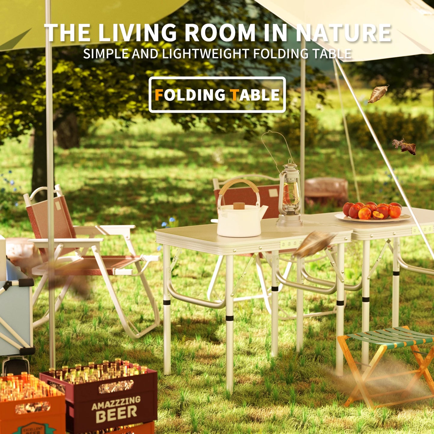 Folding Table 2FT, Portable Adjustable Height Camping Table, For Indoor Outdoor Garden Picnic Dinning BBQ, 60x 45x26/56cm, White