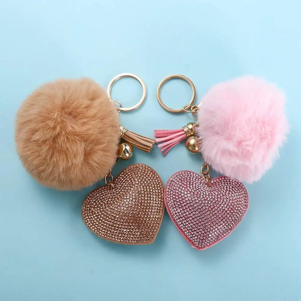 Fashion for Women's Bags Girls Ornaments Packaging Decoration Pompom Keychains Rhinestone Heart Bag Pendant Rhinestone Keyrings