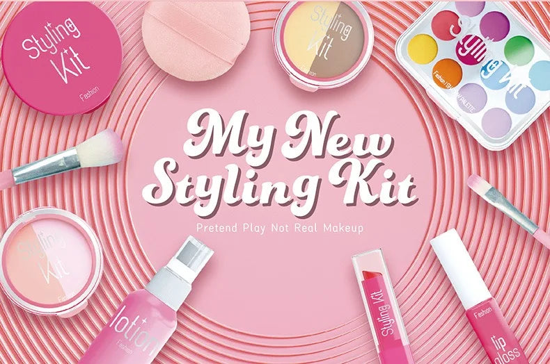 Girl’s pretend home make-up set: faux manicure, lip color, eye shadow, non-washable princess-themed cosmetics and toys.