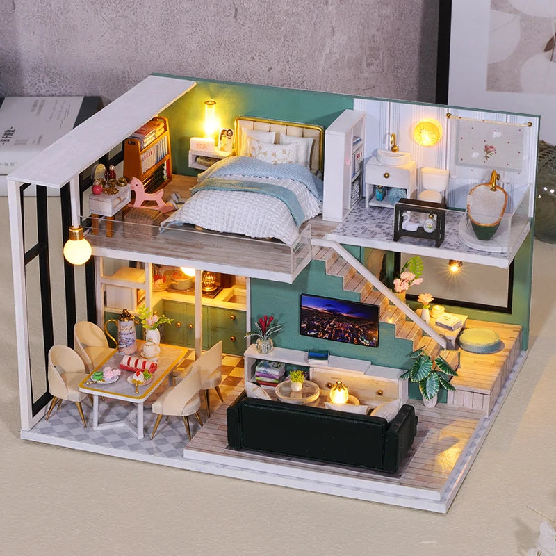 DIY Wooden Doll House Handmade Duplex Apartment Production 3D Puzzle Assembly Building Duplex Apartment Model Toy Children Gifts