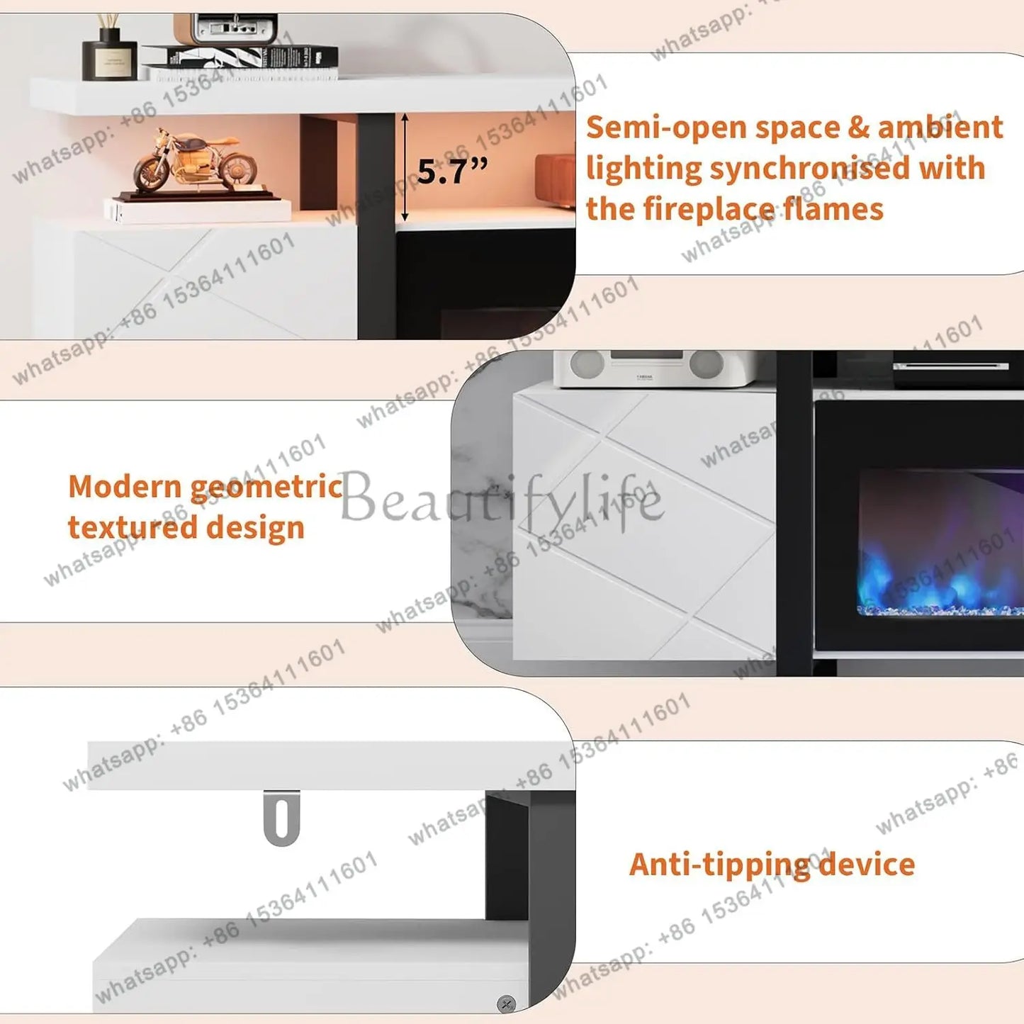 Fireplace TV Stand with 36" Electric Fireplace,LED Light Entertainment Center with Hidden Storage Cabinet,Media, Customized