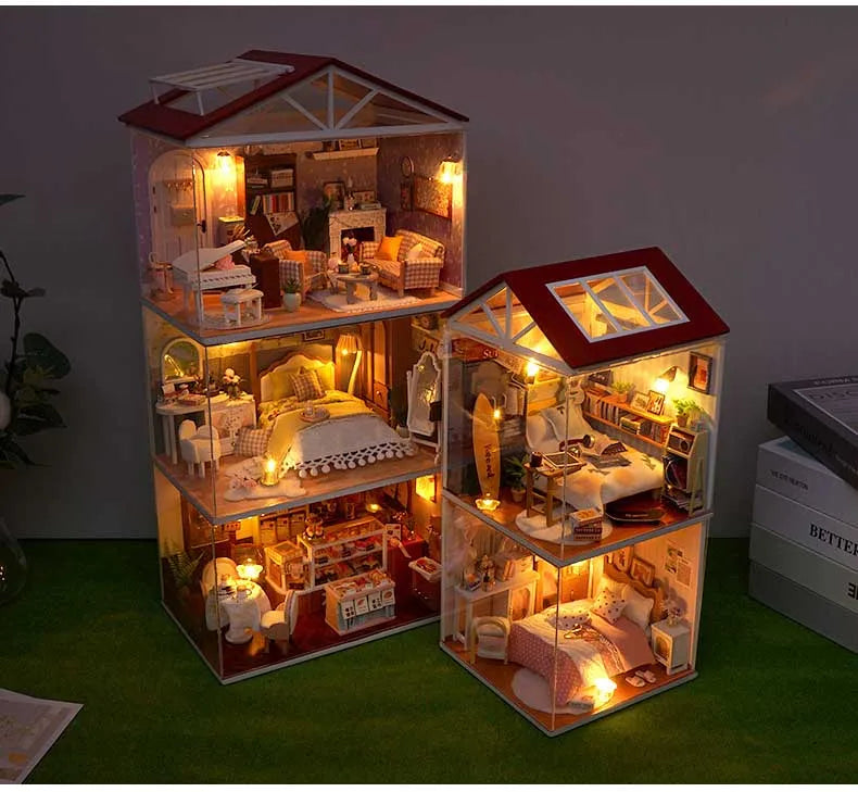 DIY Doll House Wooden Miniature Kit with Furniture Set Handmade Model Assembly Toy Case for Birthday Gifts