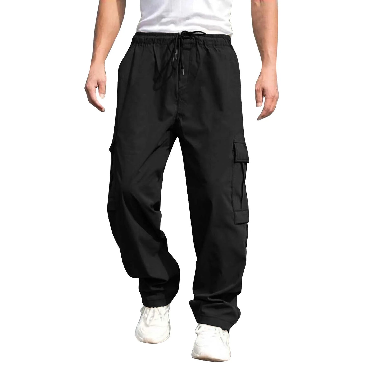 Men Loose Cargo Pants Summer Male High Elastic Waist Zip Pocket Straight Full Trousers BFDZ-A717