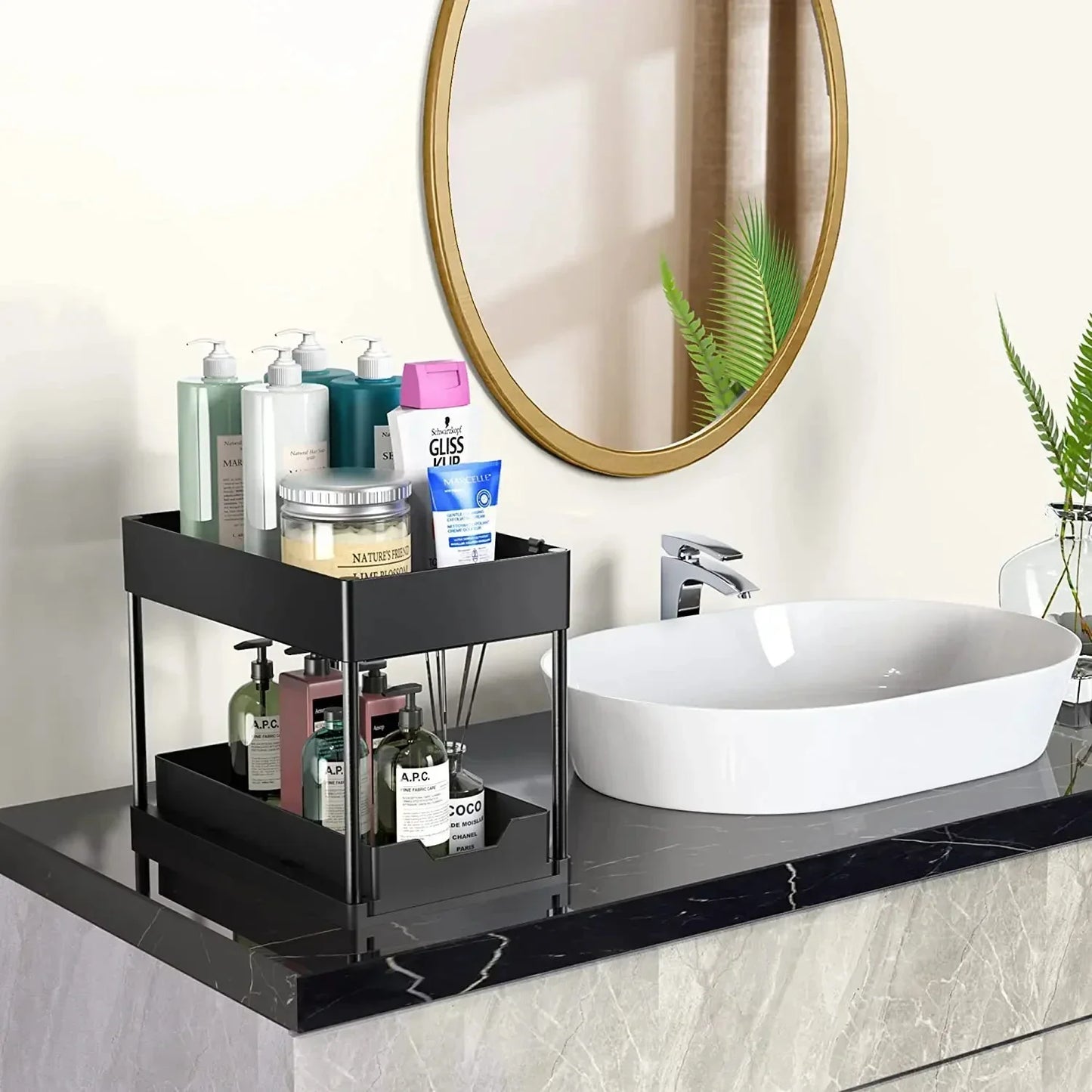 2-Tier Pull Out Under Sink Organizer, Storage Rack with Hooks & Cups, Space Saving Slide-Out Shelf for Kitchen Bathroom Cabinet
