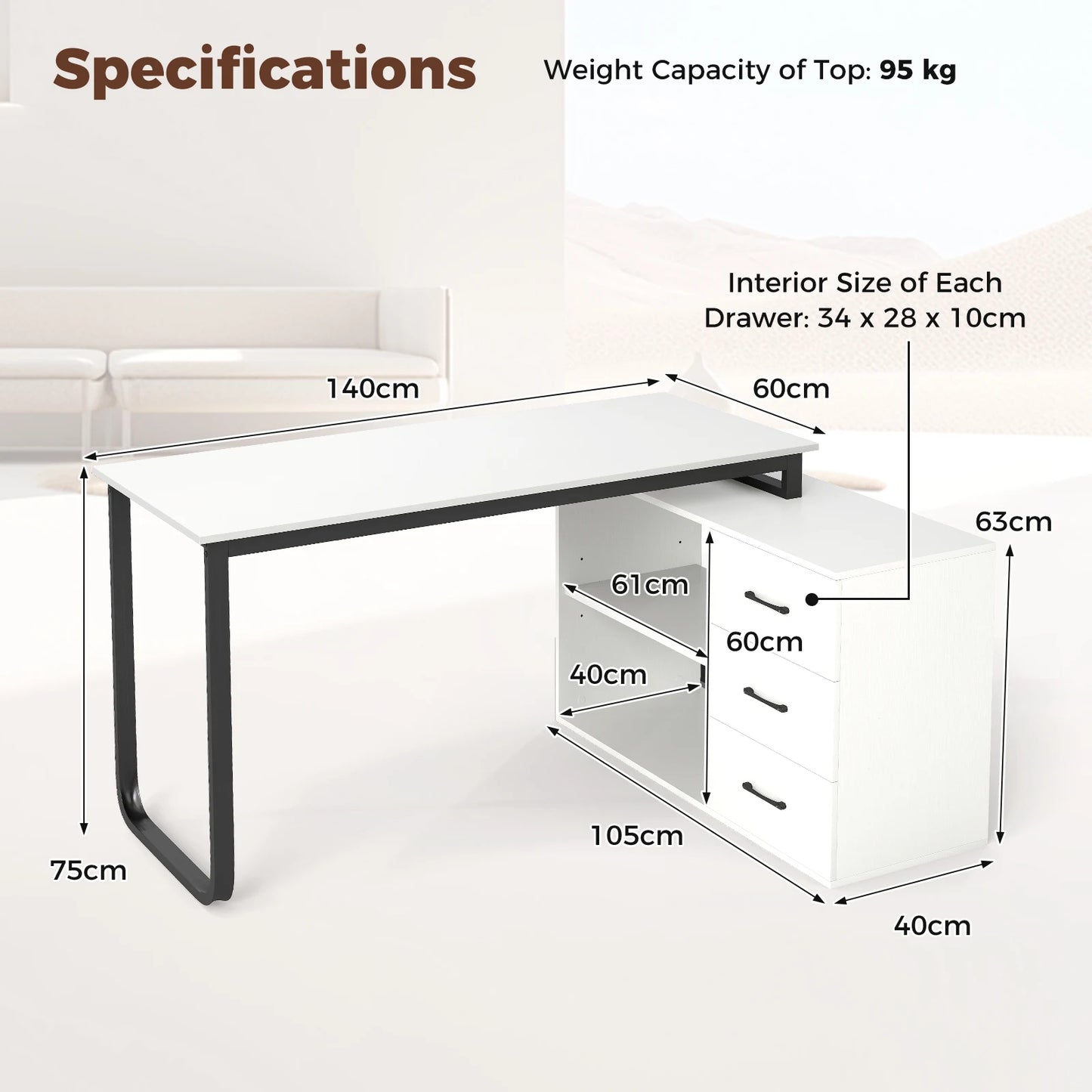 GOFLAME L Shaped Computer Desk Corner Executive Desk w/3 Drawers-White