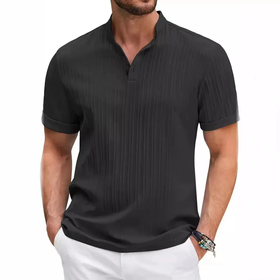 Hawaiian Men's Retro Cotton And Linen Henry Shirt Casual Loose With Sporty Stand-up Collar Buttons 2026 New Men's Casual Shirt