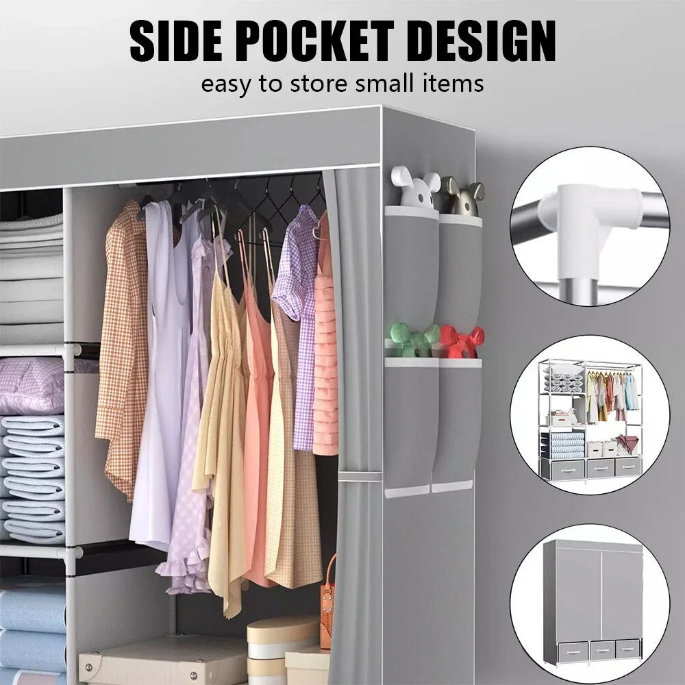 Canvas Wardrobe Clothes Closet Organizer Portable Storage Cupboard for Bedroom 105*45*163cm Fabric Closet