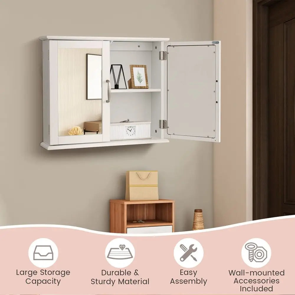 Bathroom Wall Cabinet, Double Door Mirrored Storage Cupboard with Inner Shelf, SpaceSaving Medicine Cabinet Organizer for Kitch