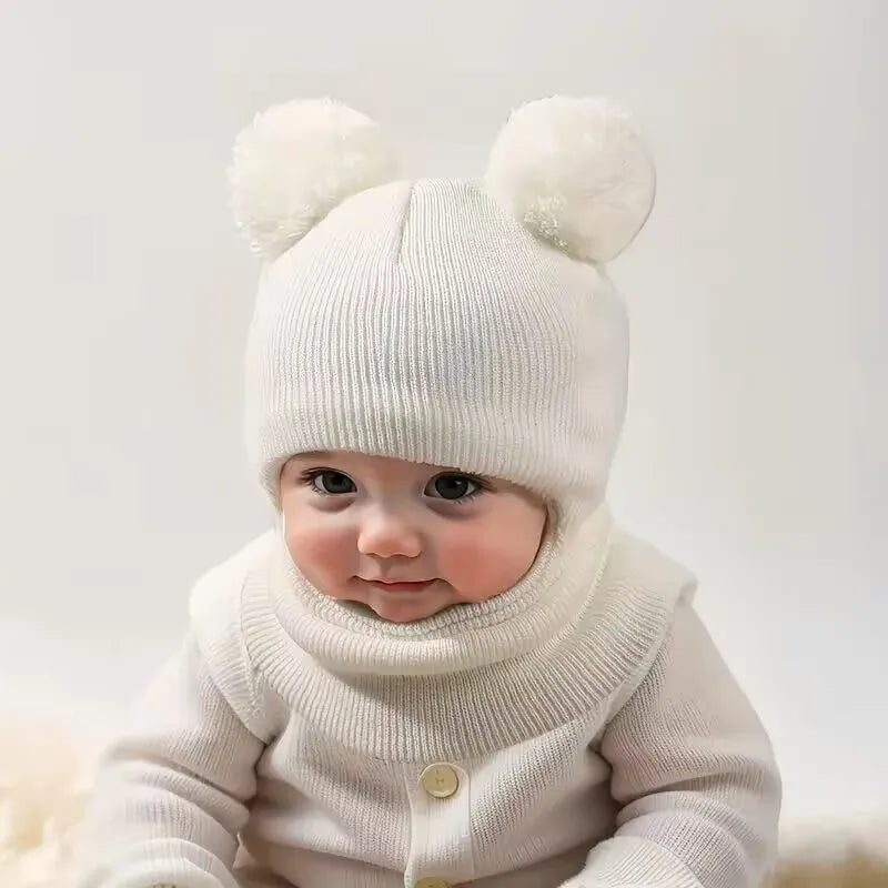 1pc/2pcs Winter children's hooded one-piece hat,equipped with ear and neck protection devices,for warmth.Double ball knitted cap