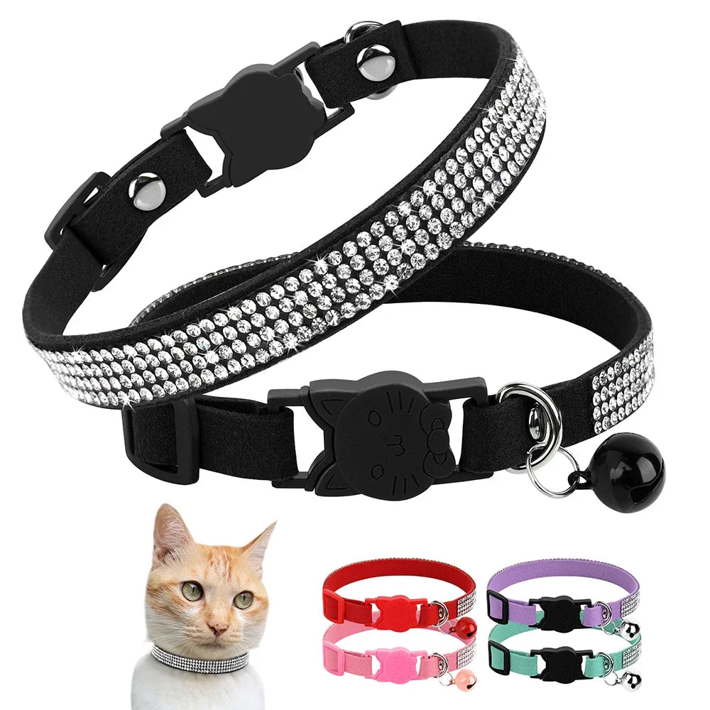 Soft Pink Suede Leather Cat Collar - Cute Bling Rhinestone Design, with Bell & Safety Breakaway Buckle, Adjustable XS/S Sizes