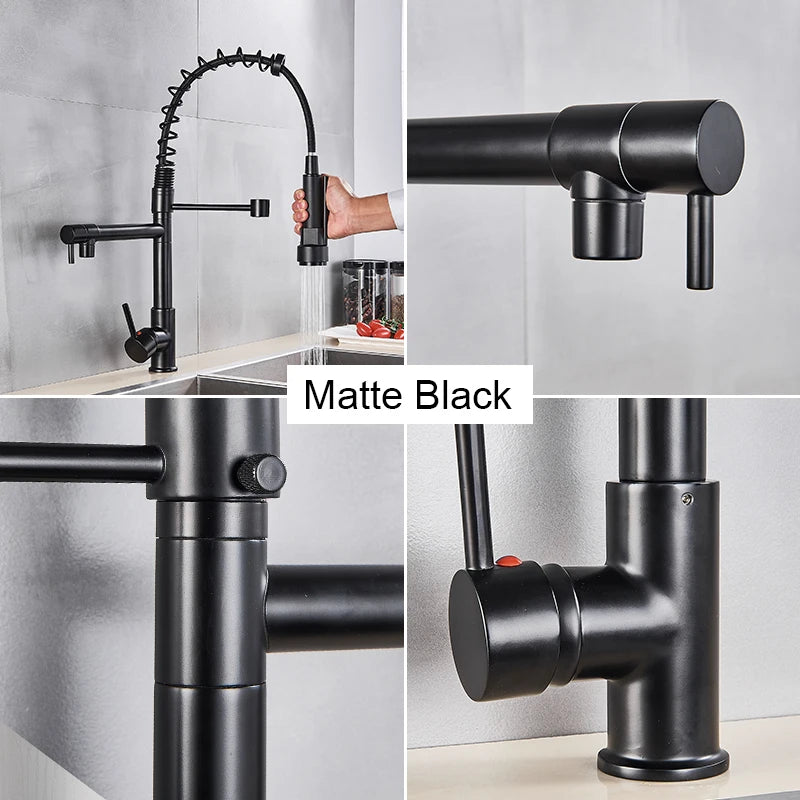 Black Pull Down Brass Kitchen Sink Faucet Hot Cold Water Mixer Crane Tap with Dual Spout 360 Rotation High Faucet Deck Mounted