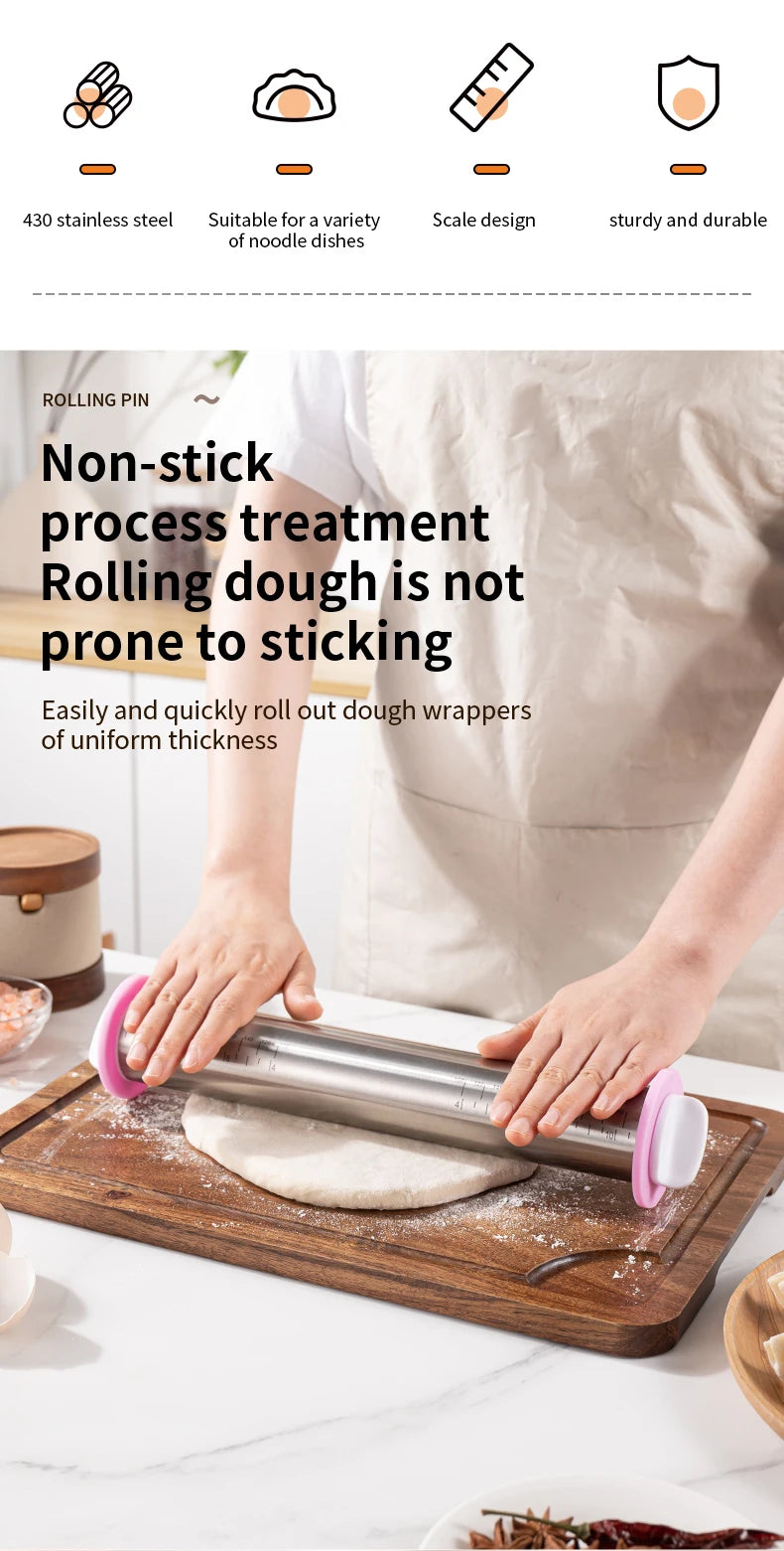 13.78 Inch Stainless Steel Adjustable Rolling Pin with 4 Thickness Removable Rings Dough Roller for Pizza Cookie Baking Tools