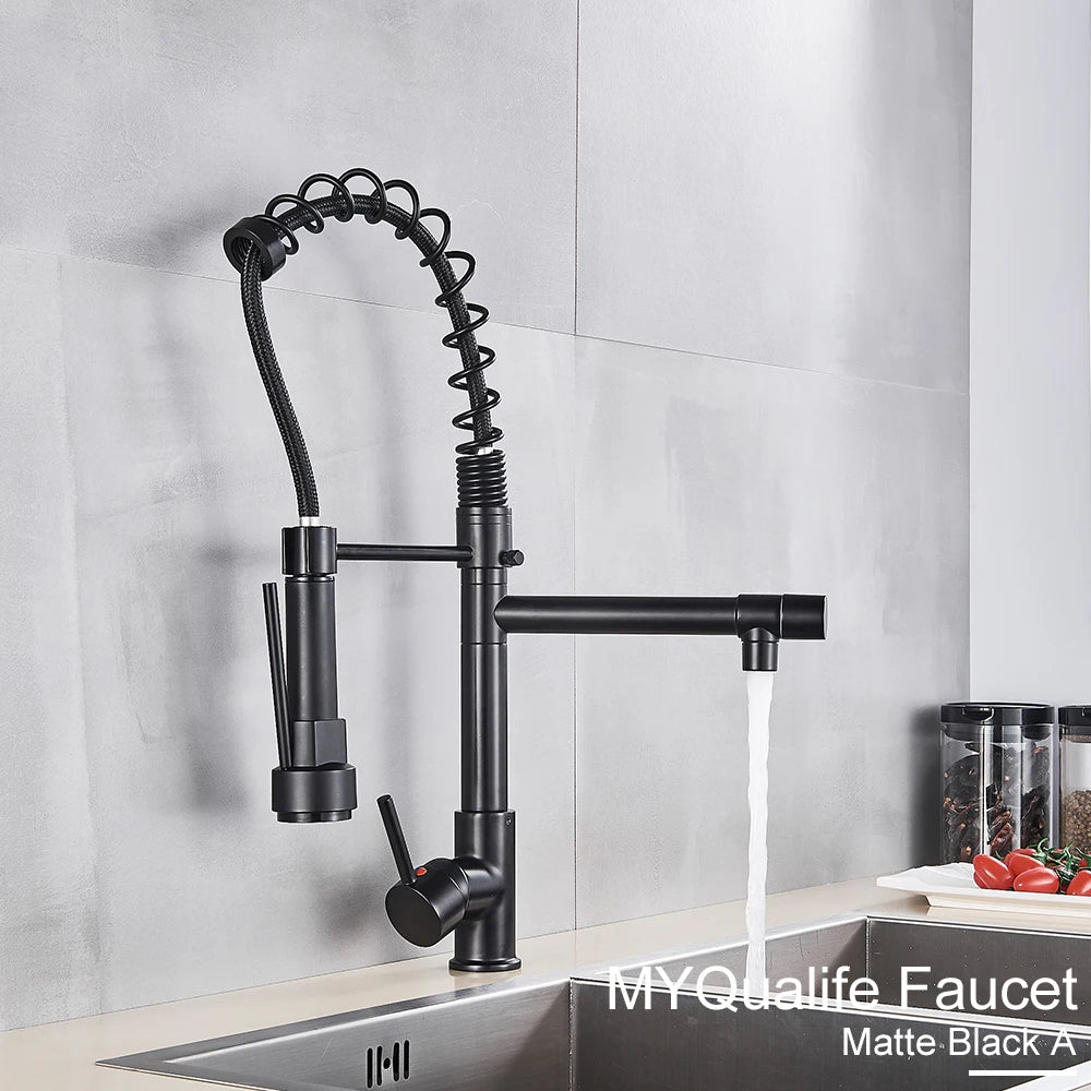 Black Pull Down Brass Kitchen Sink Faucet Hot Cold Water Mixer Crane Tap with Dual Spout 360 Rotation High Faucet Deck Mounted