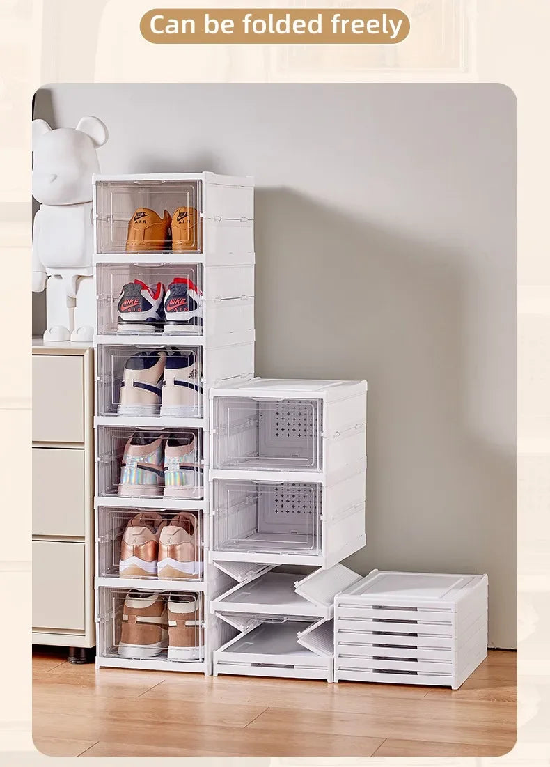 6 Layers Foldable Transparent Shoe Box Stackable Dustproof High Top Sneaker Storage Organizer for Home Closet
