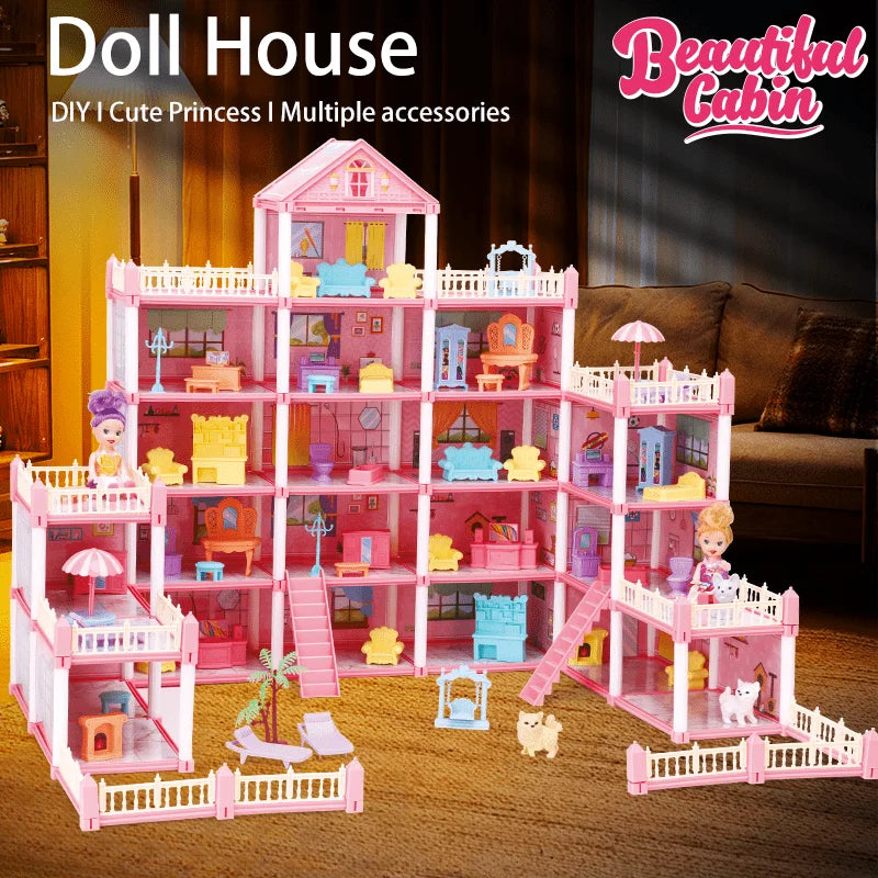 Girl Doll House Toy 3d Assembly Dollhouse Diy Mini Toy Accessories Villa Princess Pink Castle Children Pretend Birthday Gift