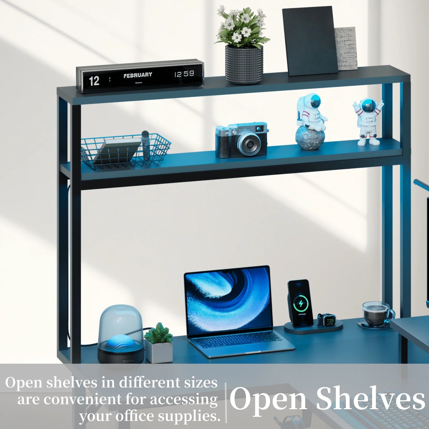 Reversible Computer Desk with LED Lights and Drawer, L Shaped Corner Gaming Desk with Storage Shelves & Bag, Desk Shelf for