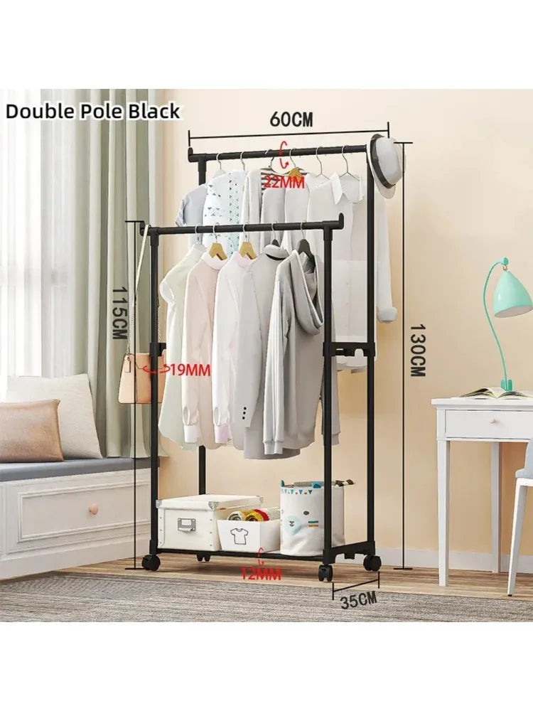Standing Clothes Hanger Movable Simple Clothing Shelf Bedroom Storage Rack Assembled Closet Organizer Double Rod Coat Rack Floor