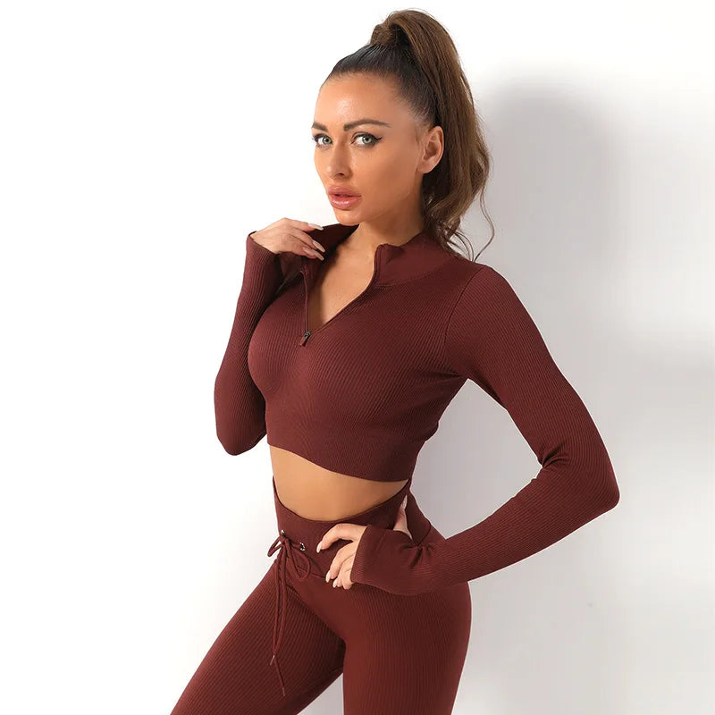 Seamless Women Yoga Set Workout Sportswear Gym Clothing Zipper Long Sleeve High Waist Leggings Fitness Bra Athletic Sports Suits