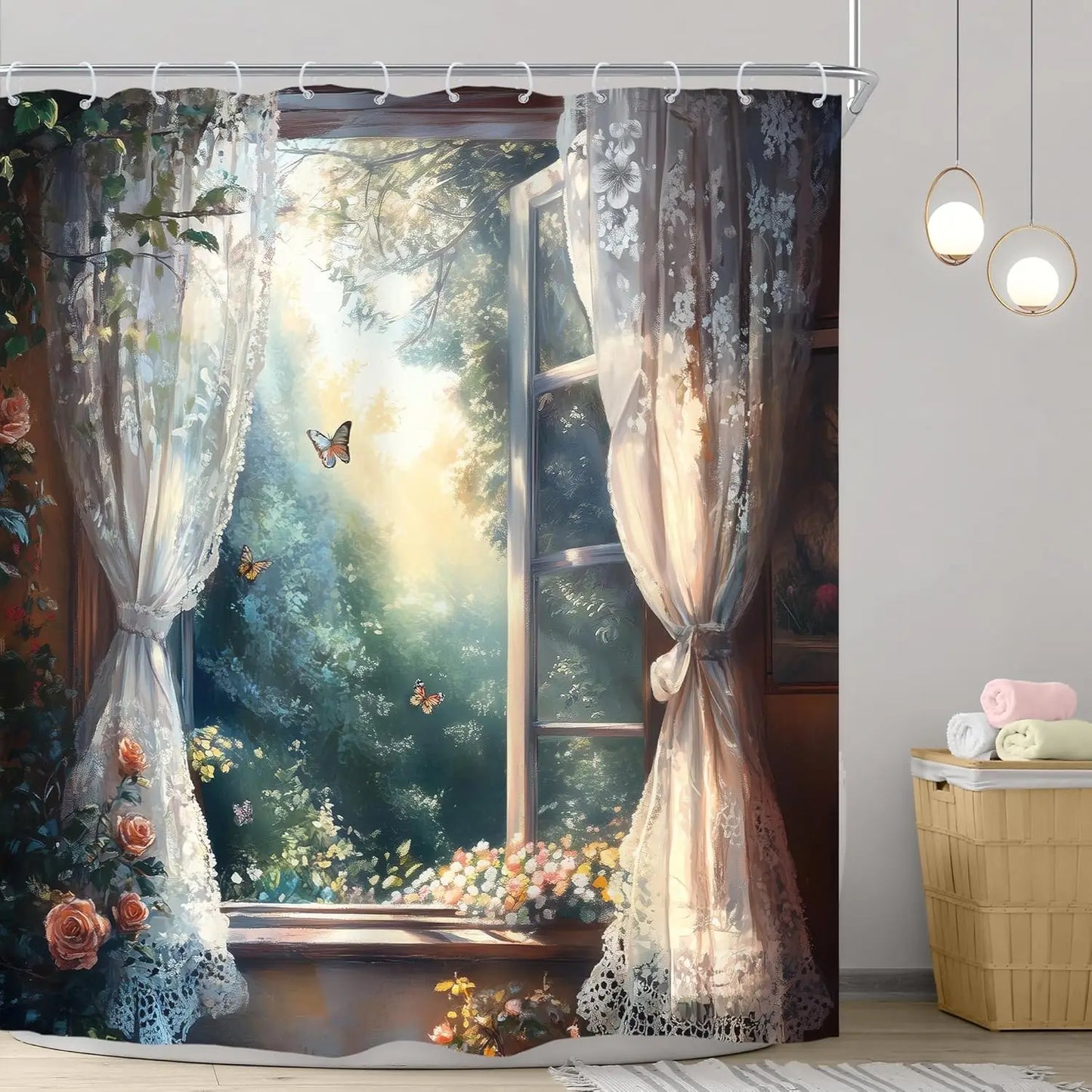 Fantasy Shower Curtain Fairy Beautiful Wonderland Woodland Tree Wildflower Floral Garden Butterfly Plant Tale Nature Bathroom
