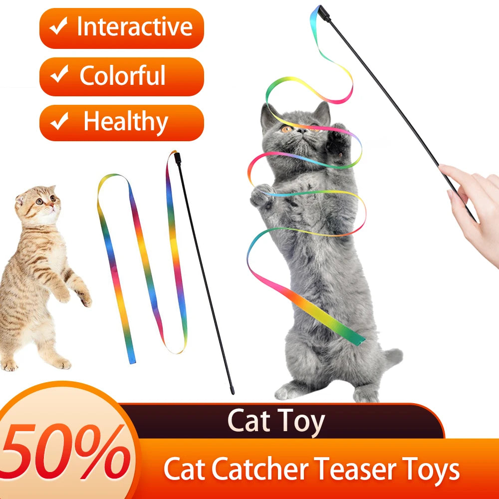 Cat Toys Cute Funny Colorful Rod Teaser Wand Plastic Pet Toys for Cats Interactive Stick Pet Teaser Cat Supplies