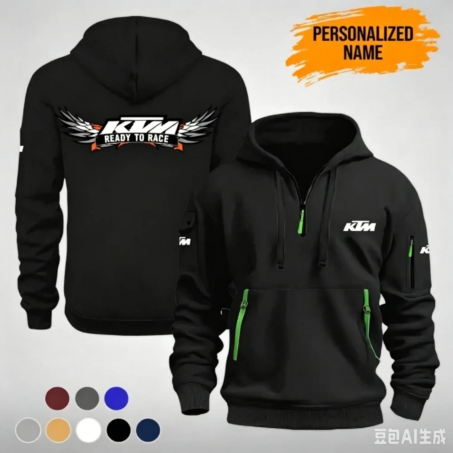 The KTM “Ready to Race” printed half-zip hoodie features workwear pockets and arm pockets, perfect for motorcycle enthusiasts.