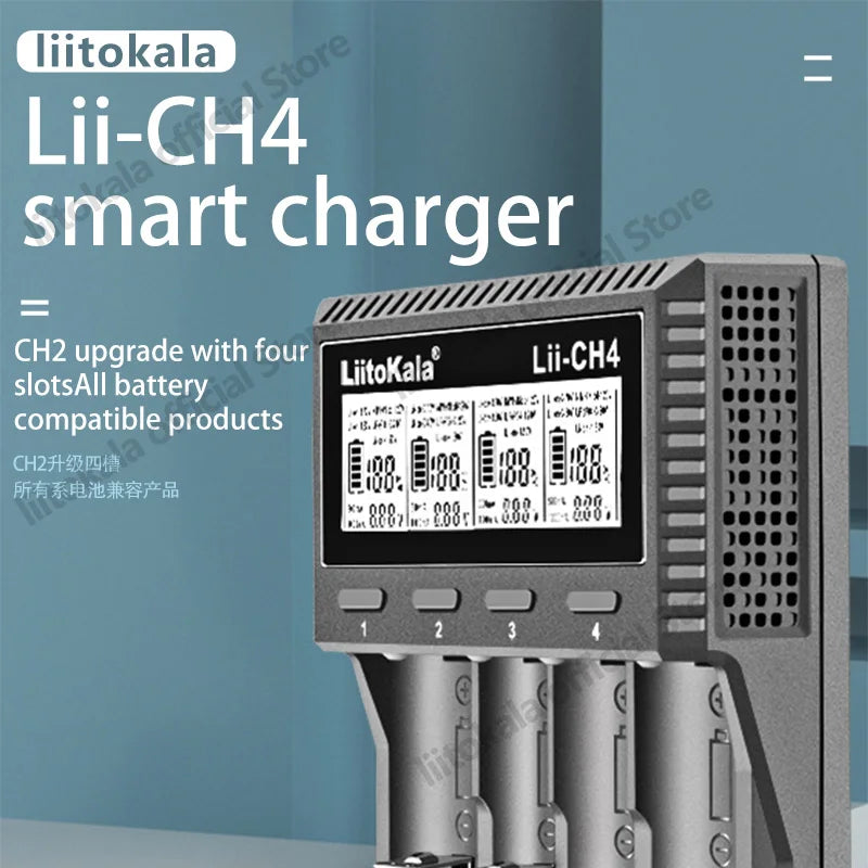 LiitoKala Lii-CH4 Smart Charger for 18650/21700/26650/AA/AAA/Ni-MH/Li-ion,1.2V/1.5V 4-Slot Fast Charge, USB-C, Auto Detect