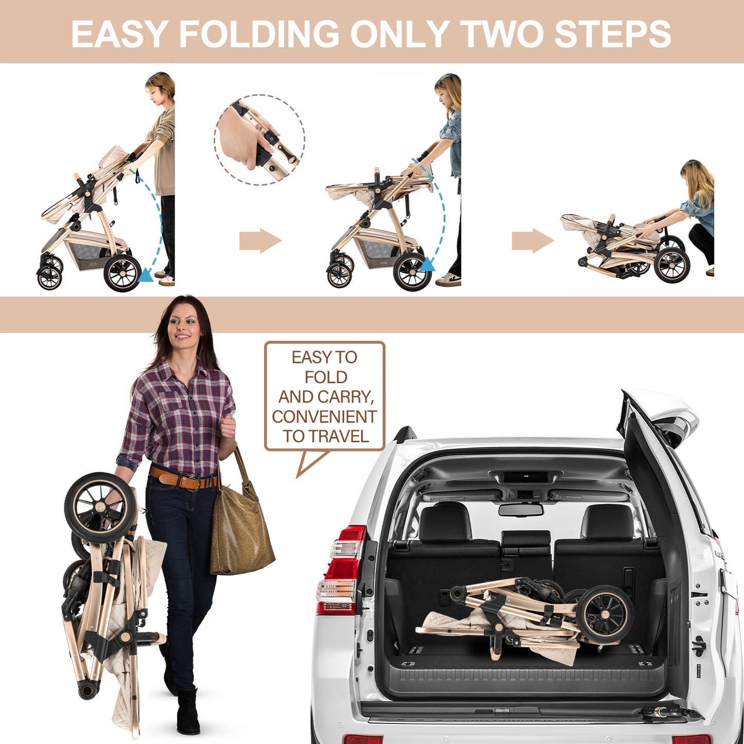 3 in 1 Prams Travel System, Pushchair with Height Adjustable Handle, Travel Pram with Mosquito Net, Baby Stroller with Aluminum