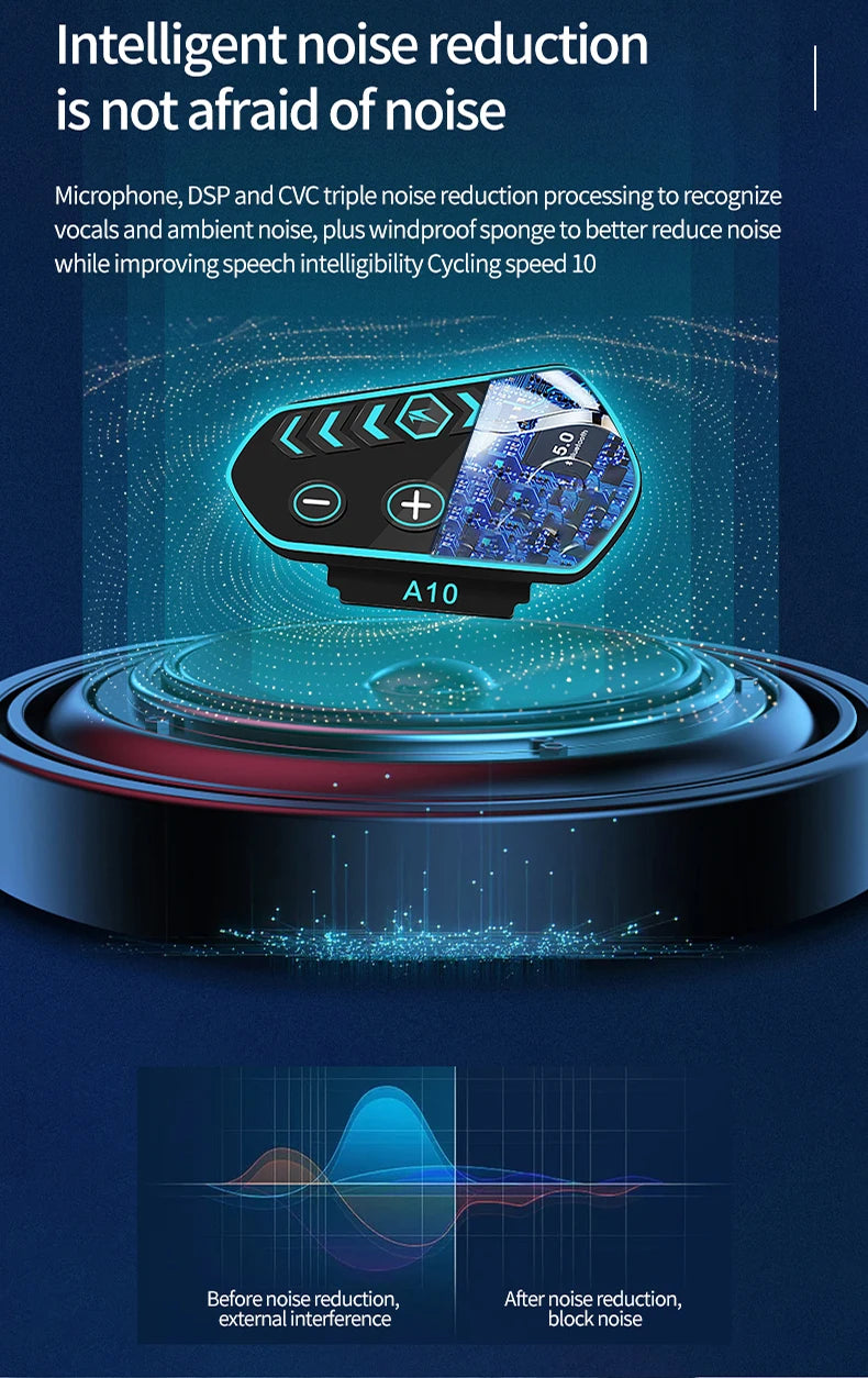 A10 Motorcycle Helmet Bluetooth Headset Wireless V5.0 Waterproof Handsfree Call Music Earphone 1000mAh Riders Moto GPS Headphone
