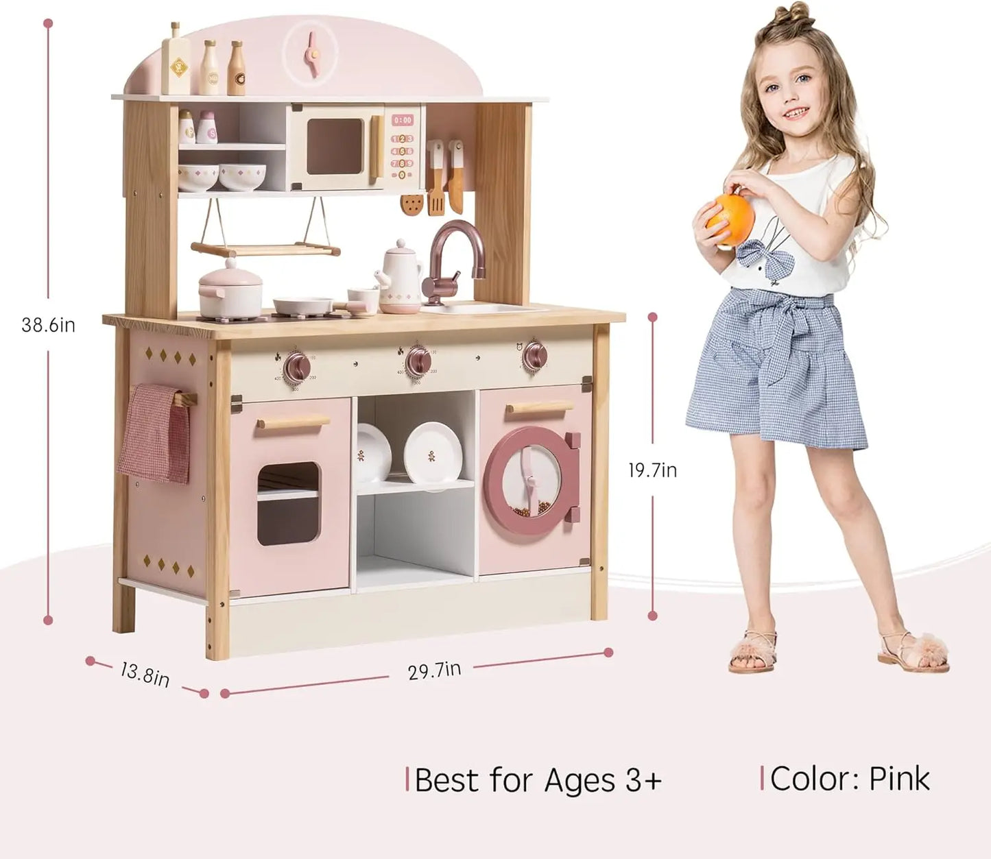 Robotime Wooden Play Kitchen Kids Kitchen Playset Washing Machine Dishwasher Toddler Kitchen Playset Gift for Boys Girls Caramel