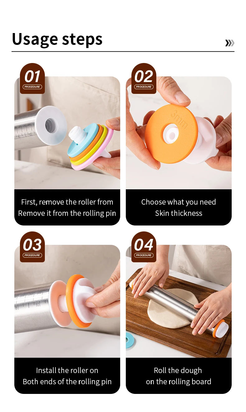 13.78 Inch Stainless Steel Adjustable Rolling Pin with 4 Thickness Removable Rings Dough Roller for Pizza Cookie Baking Tools