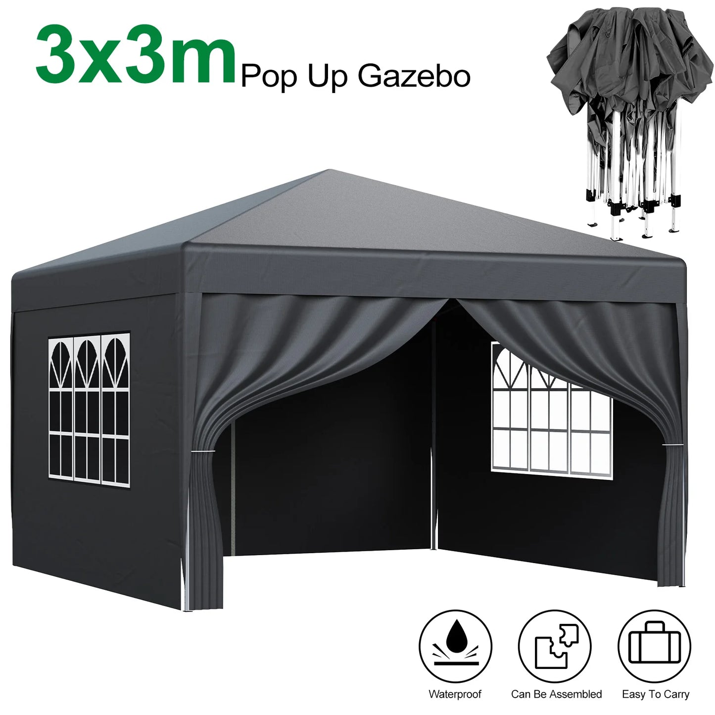 LOEFME 3x3M Pop Up Gazebo Waterproof Windproof Portable Outdoor Canopy Sun Shelter Removable 4 Sides Cloths Garden Camping Tent