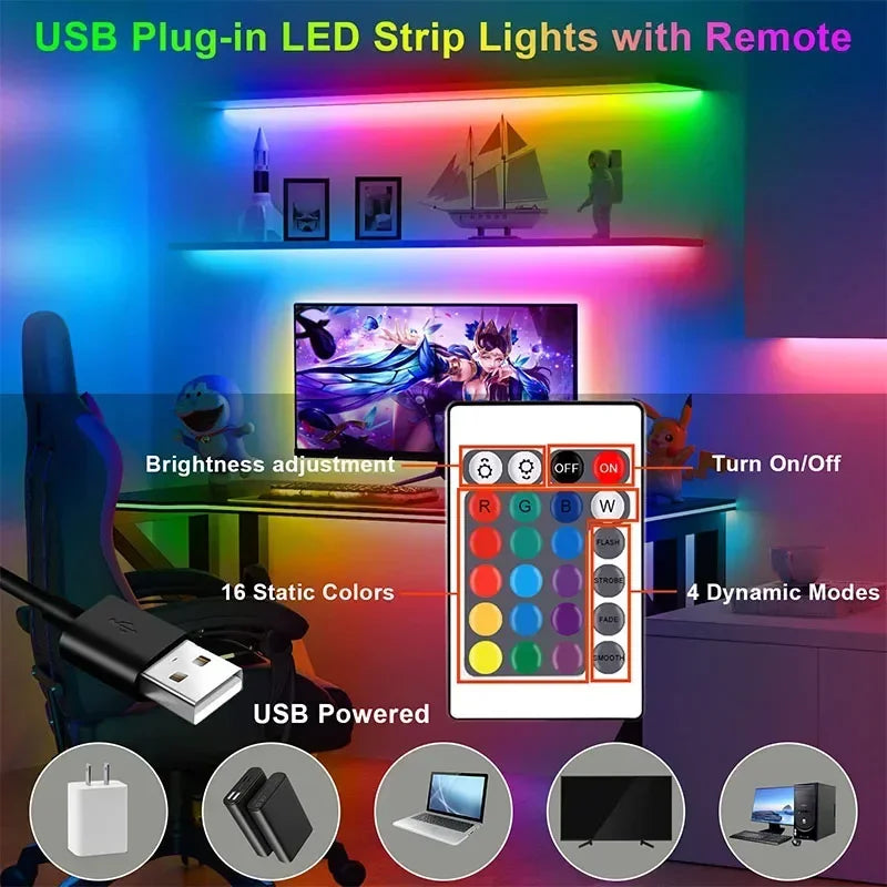 Smart LED Gaming Light Strip RGB 5050 USB 5V Music Sync 24/44key Remote APP Control Flexible Tape for Gaming Room TV Backlight