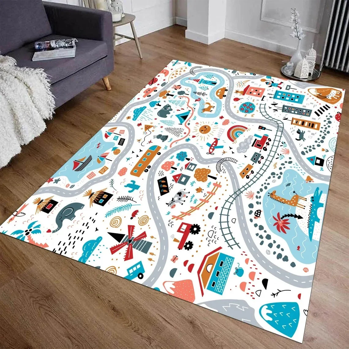 VIKAMA Cartoon City Transport Living Room Rug Children's Bedroom Playroom Mat Non-Slip Play Mat Crawling Mat Home Decor