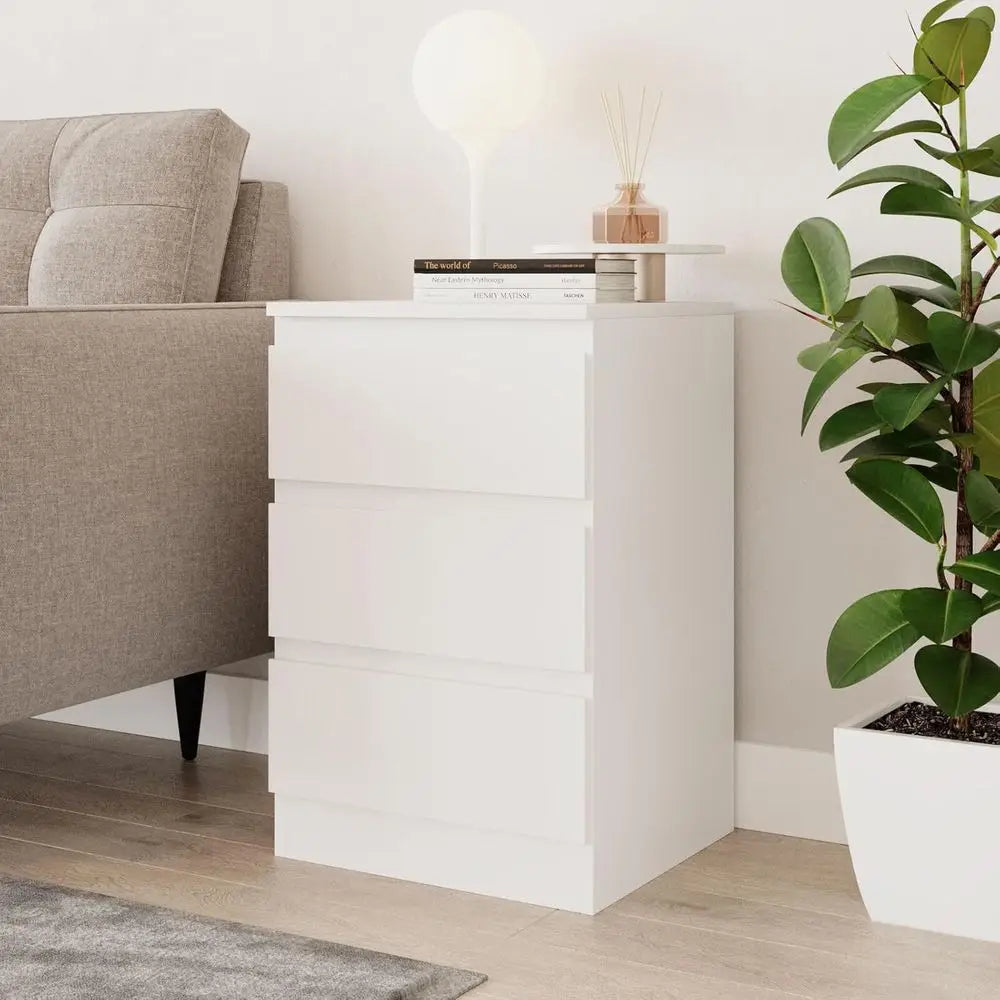 62cm Tall 3-Drawer Bedroom Storage Cabinet with Metal Glides - White (Bedroom, Living Room, Office, Hallway)
