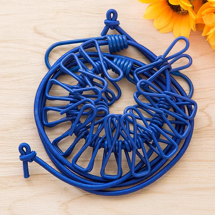 1pc Portable Clothesline With 12 Clips Polychrome Outdoor No Punching Required Travel Camp Retractable Clothes Rope Drying Rack
