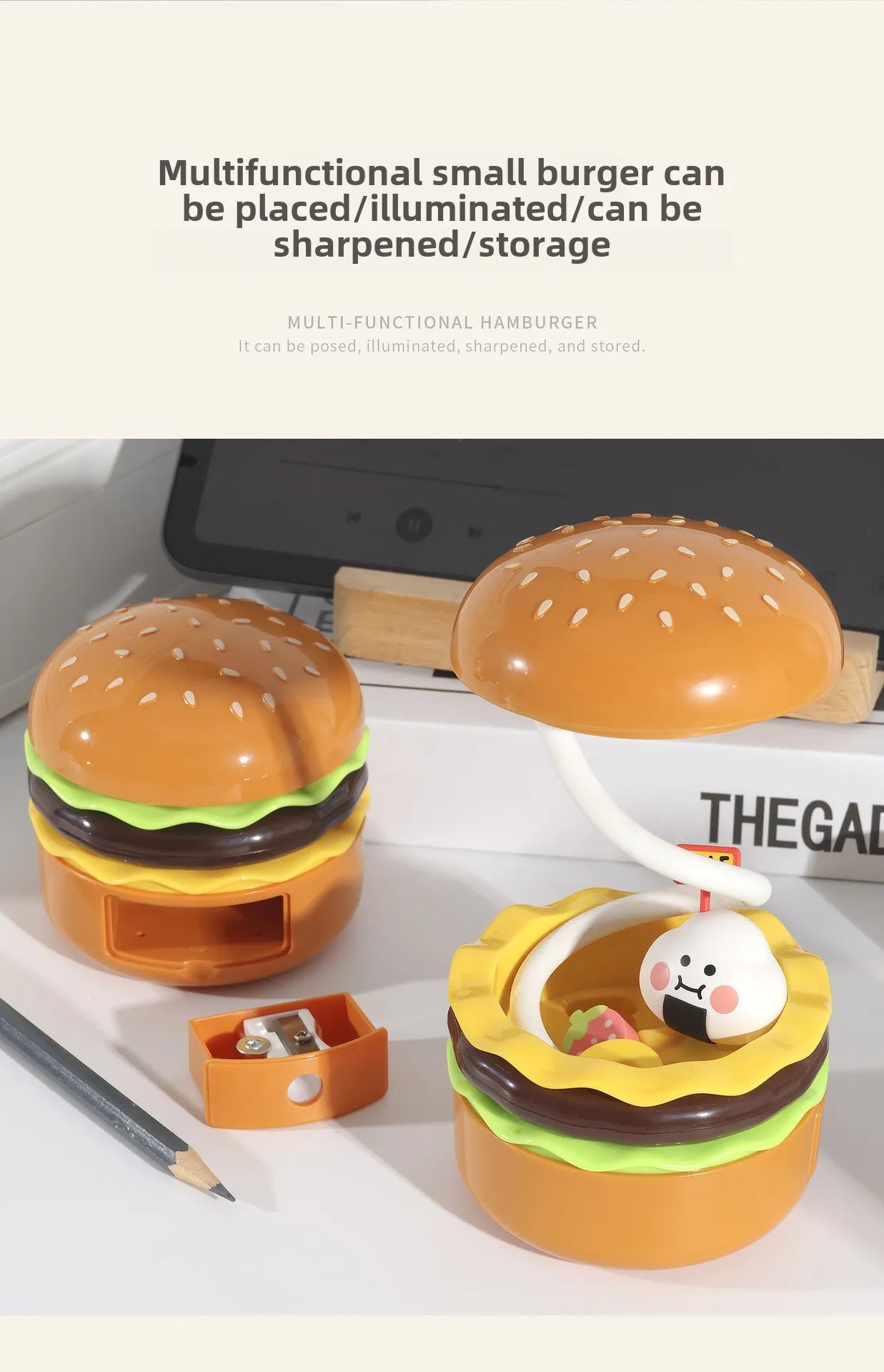 Original Practical Reading Burger Night Light LED Charging Bedside Sleep Light Learning Pencil Sharpener Can Be Stored Desk Lamp
